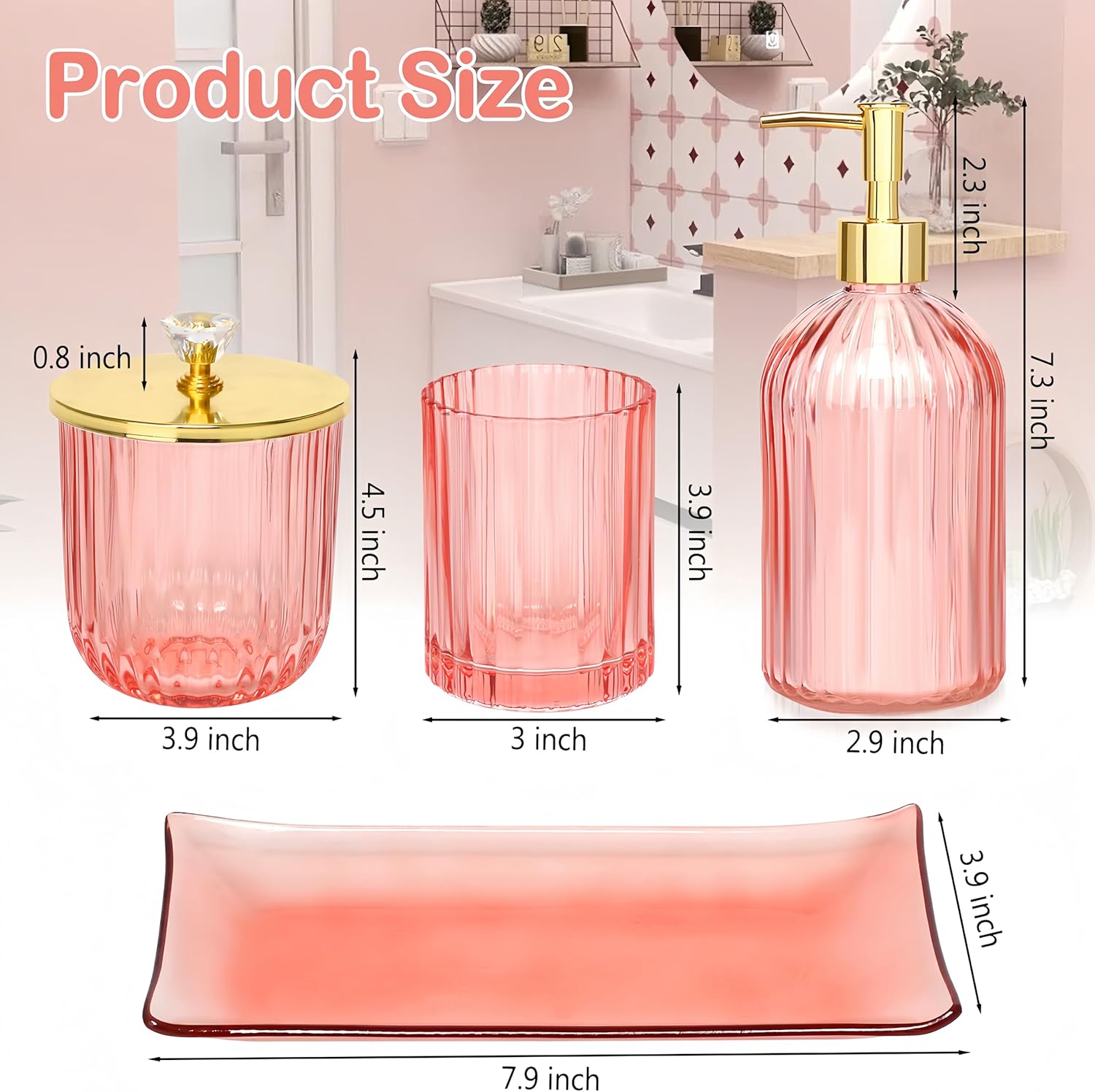 Pink 4Pc Glass Bathroom Accessory Set