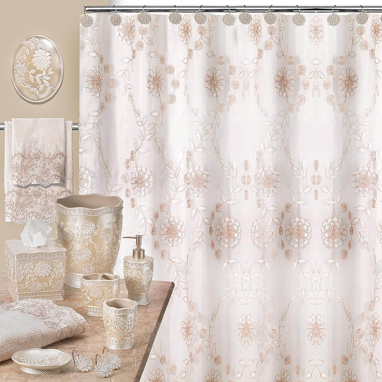 Luxurious Rose Vine Metal Bathroom Shower Hooks with Beige-Taupe Design