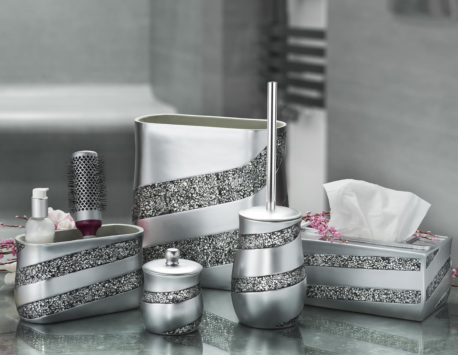Elegant Silver Mosaic Toilet Brush Set Creative Scents