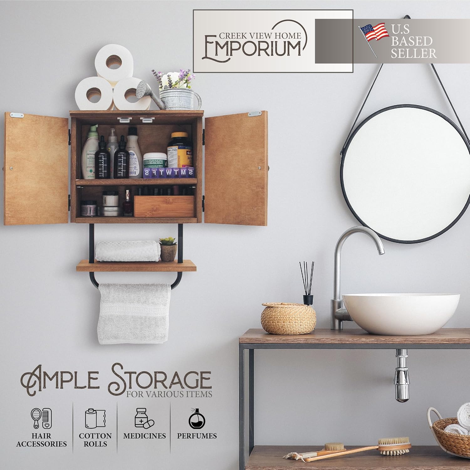 Rustic Farmhouse Bathroom Wall Cabinet Over the Toilet with Towel Bar